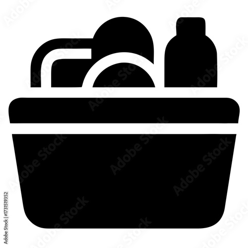 3d icon of solid black silhouette of a basket filled with various items