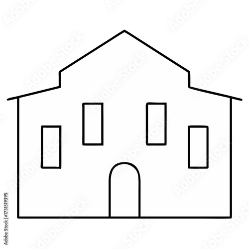 3d icon of simple line drawing of a building with a pitched roof and arched doorway