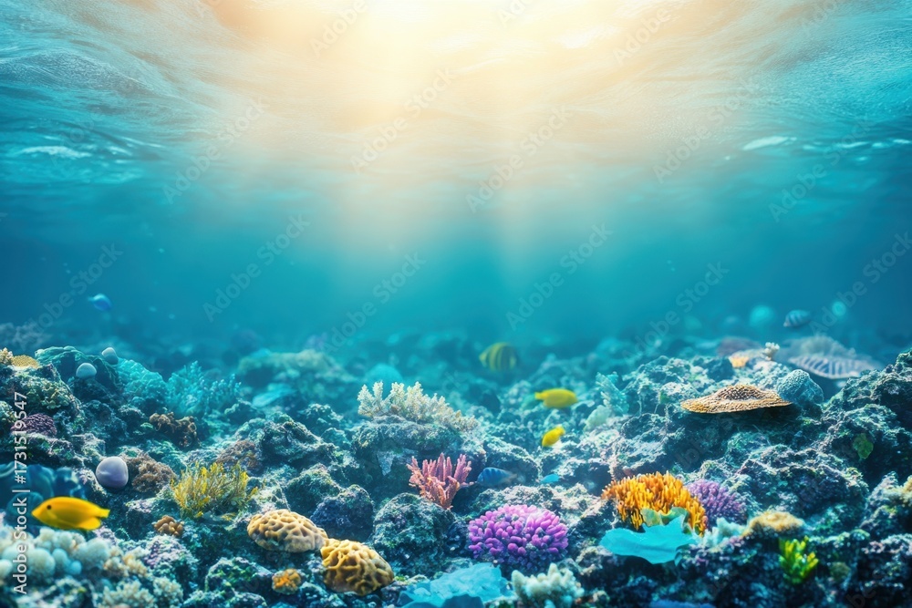 Naklejka premium Vibrant coral reef teeming with marine life under sunny water surface in a tropical ocean