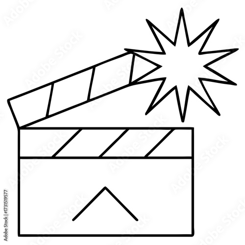3d icon of a simple line art illustration of a clapperboard with a starburst emanating from the top, symbolizing action or a great take in filmmaking