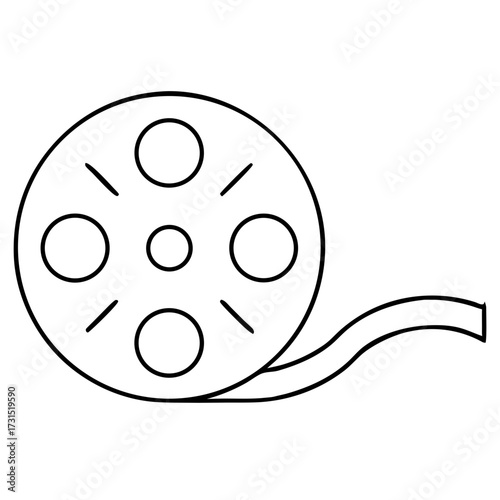 3d icon of a minimalist line drawing of a film reel with a ribbon of film extending to the side, symbolizing the process and history of filmmaking