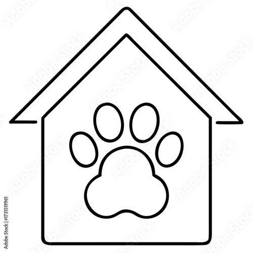3d icon of simple line art illustration of a dog house with a paw print on the front