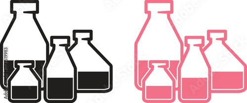 Set of four assorted laboratory or medicine bottles with liquid, shown in both black-and-white and pink-and-white. Science, pharmacy, chemical, or health concepts. Isolated vector.