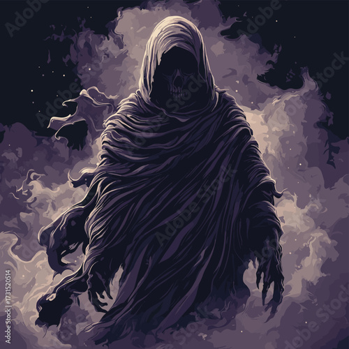Mysterious Grim Reaper Figure in Dark Atmosphere with Eerie Vibes , vector style simple color