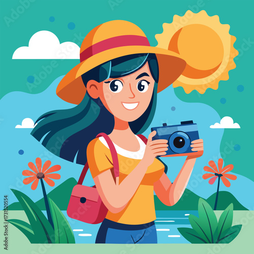 Girl With Camera Vacation Shot Vector Art Illustration For Travel Scene