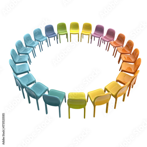 Overhead shot of colorful chairs arranged in a circle on an isolated on transparent background png transparent