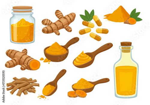 Turmeric roots powder capsules oil and various forms in a kitchen setting