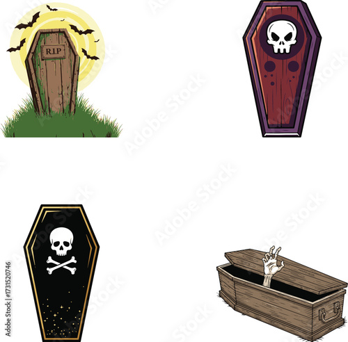 Vector art of four halloween coffins with rip sign, skull, and zombie hand