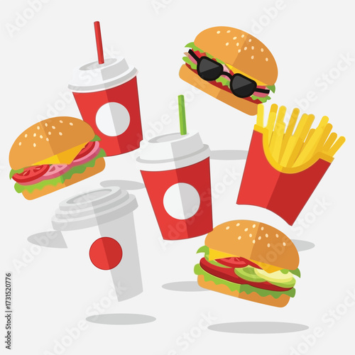 Collection of delicious fast food items including burgers, fries, and drinks, perfect for advertising