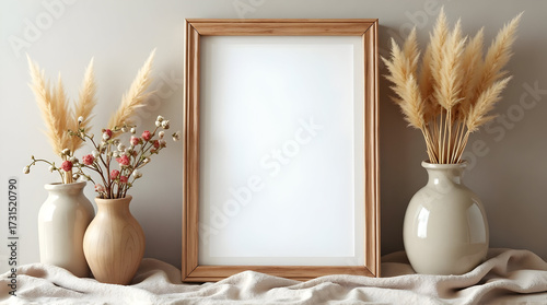 Minimalist Home Decor with Empty Wooden Frame and Vase Arrangements in Neutral Tones