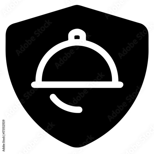 3d icon of black shield icon with a white cloche or food cover symbol inside, representing food safety or restaurant protection