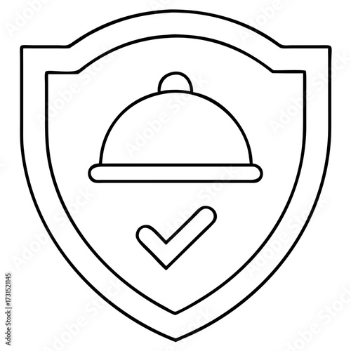 3d icon of line art icon of a shield with a food cloche and a checkmark, symbolizing food safety or approved meal
