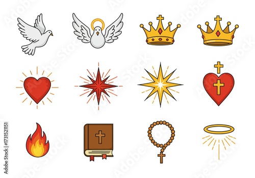 Twelve religious icons with doves crowns hearts stars flame Bible rosary and halo arranged in a grid