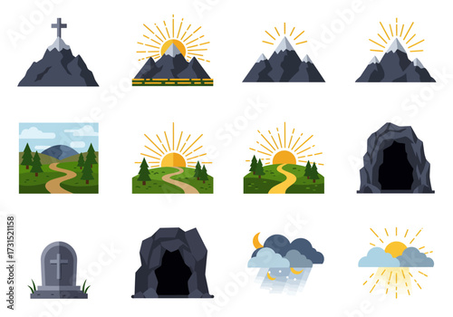 Twelve icons depict landscapes weather  Christian imagery employing a flat pixelated style