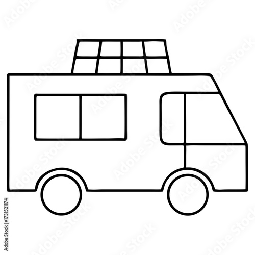 3d icon of outline drawing of a camper van or recreational vehicle, symbolizing travel and adventure