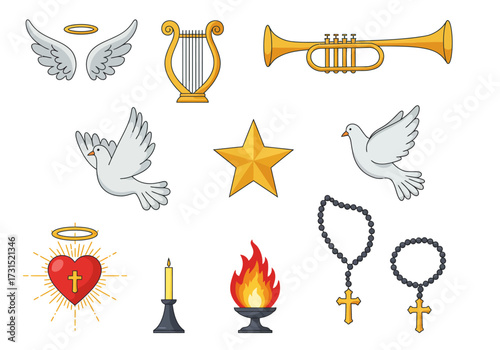 Variety of religious icons wings harp trumpet doves star sacred heart candles rosaries fire