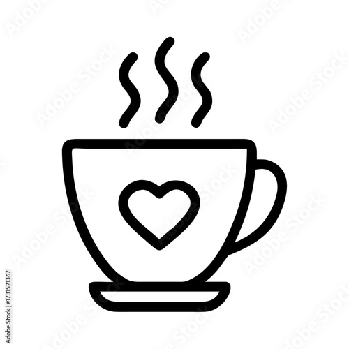 3d icon of a simple black outline icon of a steaming coffee cup with a heart shape on its side, isolated on a