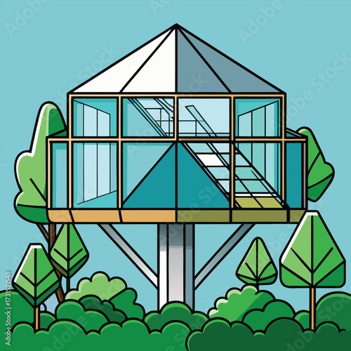 a sleek glass and steel treehouse blending into gr.eps
