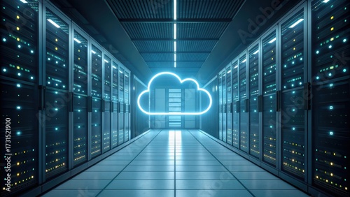 Naklejka A futuristic data center with server racks and a glowing cloud symbol, representing cloud computing technology and data storage solutions.