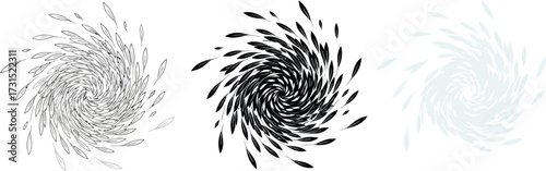 Abstract swirling vortex design element vector illustration in three color variations isolated on white background