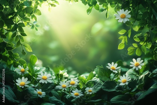 A serene forest clearing filled with daisies and lush greenery during golden hour light