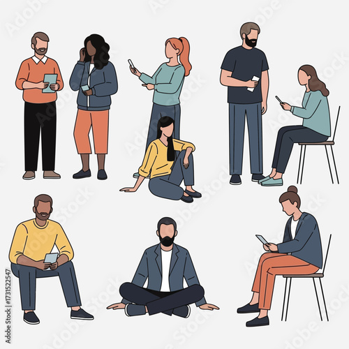 Diverse group of people engaged with their mobile phones, sitting and standing in casual poses