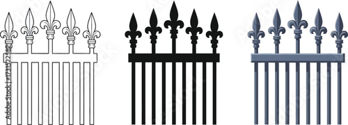Set of wrought iron fence illustrations fleur de lis design vector design element for architecture and security applications
