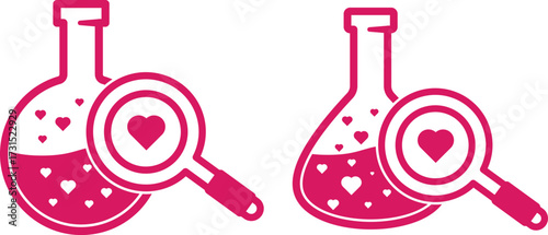 Vector icon of laboratory flask filled with heart liquid and magnifying glass focusing on a heart. Symbol of love research, romantic chemistry, Valentine’s science, and emotional analysis.