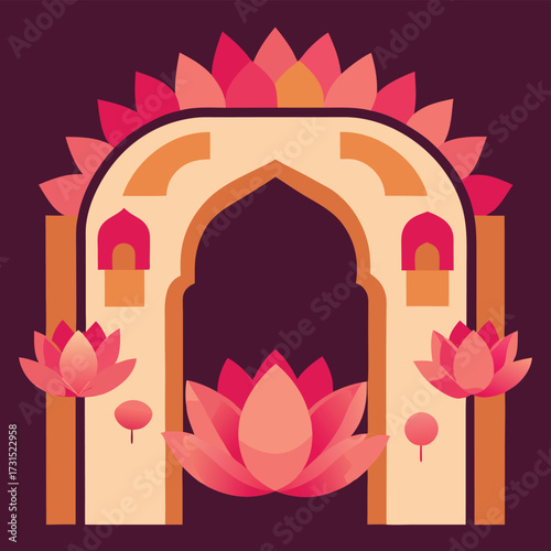 archway surrounded by lotus blossoms .eps