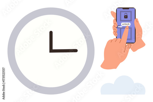 Hand unlocking smartphone screen with finger while clock indicates time and cloud element. Ideal for technology, security, time management, data, digital tools, user experience, minimalism. Simple