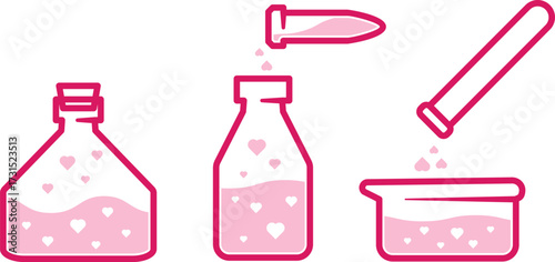 Vector set of laboratory glassware with pink heart liquid. Test tubes, flasks, and bottles pouring love potion. Concept of chemistry, experiment, romance, Valentine’s Day, and magical alchemy.