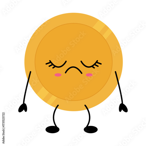 Sad kawaii gold coin character illustration