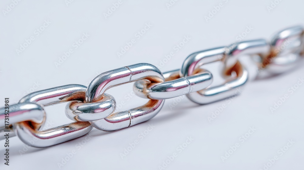 Obraz premium Polished metal chain link close up, macro photo of interlocked metal link with reflective surface and shallow depth of field showing texture and light