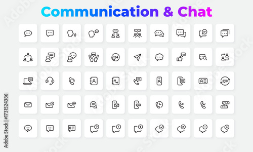 Set of line icons representing communication, chat, and messaging concepts. Perfect for UI design, apps, and social media projects needing clear, minimalist chat symbols