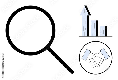Magnifying glass, upward bar chart, handshake in circle. Ideal for research, analysis, partnership, teamwork success strategy simple landing page. Line metaphor. Simple line icons