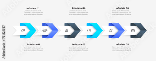 Six step horizontal timeline. A modern infographic layout highlighting progress, collaboration, and business growth through clear visuals and distinct stage markers