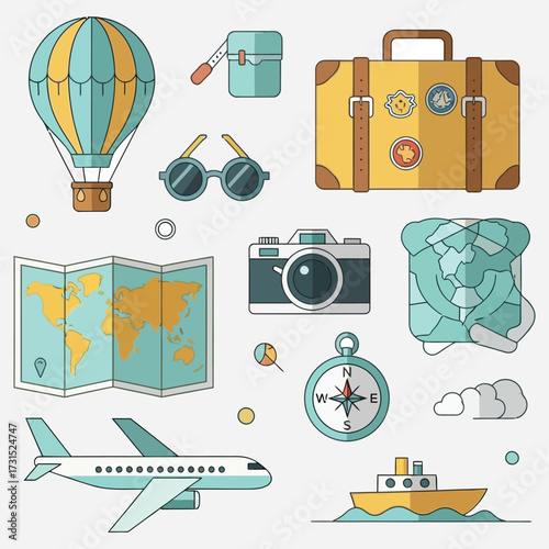Travel and adventure icons airplane, hot air balloon, suitcase, camera, map, sunglasses, compass, and ship