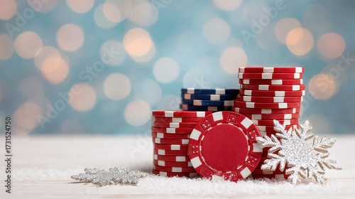 Red poker chip stack and scattered chips with glitter snowflake decoration on snowy tabletop evoke festive casino night and holiday celebration