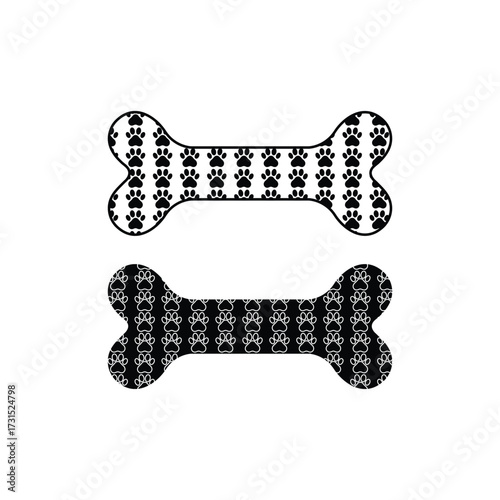 Dog Bone with Paw Print Pattern, Black and White Pet Silhouette Design