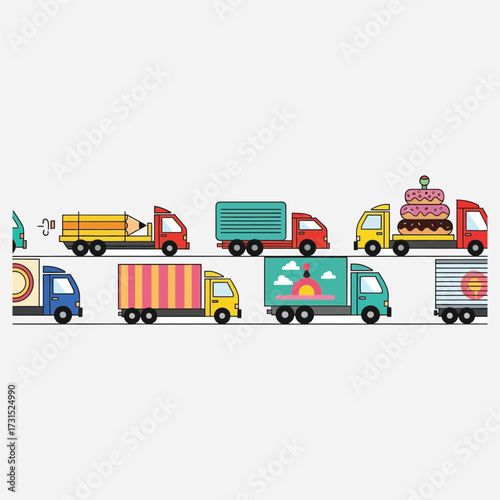 A colorful and whimsical fleet of cartoon delivery trucks lined up, showcasing transportation, logistics, and creative shipping concepts