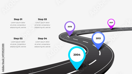 Winding highway curve features vibrant map pins marking milestones from 2004 to 2027, symbolizing progress and journey. Ideal for business timelines, planning visuals, and milestone storytelling