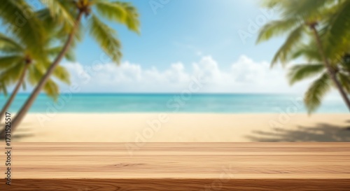 Tropical beach scene with wooden table for product display background