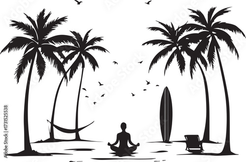 Beach meditation scene with palm trees, hammock, surfboard, and birds in black-and-white silhouette art