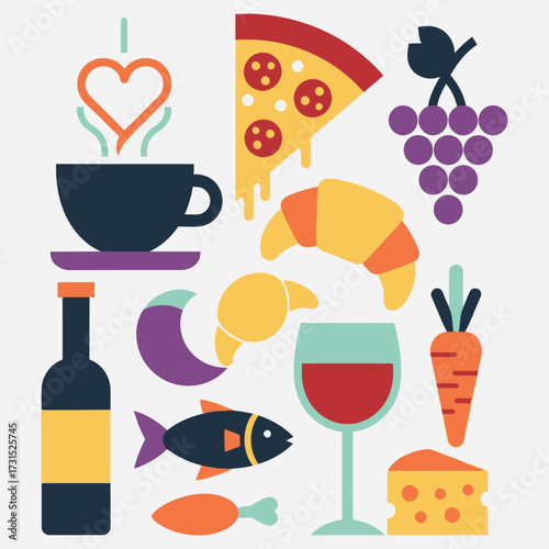 A collection of colorful flat design icons representing various food and drink items like pizza, wine, coffee, and cheese for culinary themes