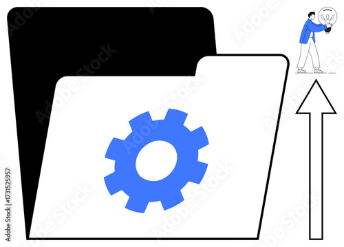 Folder with gear symbol indicative of management, innovation illustrated by character with lightbulb and upward arrow. Ideal for technology, solutions, creativity, teamwork, productivity