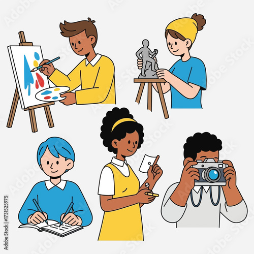 Diverse group of young artists engaging in various creative pursuits like painting, sculpting, writing, and photography
