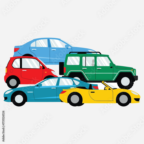 Collection of diverse vehicles including a convertible, sedan, and SUV rendered in a flat, graphic style