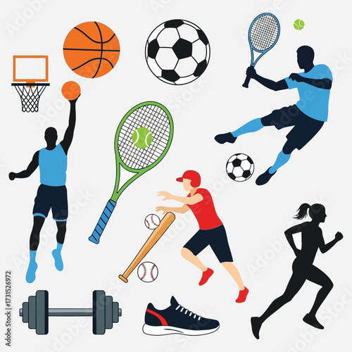 Sporty silhouettes and equipment Basketball, soccer, tennis, baseball, and fitness illustrations
