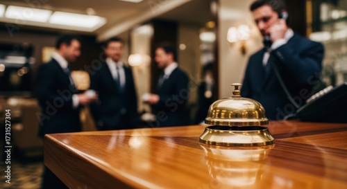 Hotel concierge service bell anticipating guest needs with staff in background