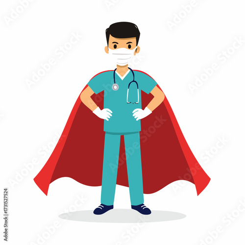 Courageous healthcare professional depicted as a medical superhero. Wearing a red cape, face mask, and scrubs with a stethoscope, representing dedication and essential service